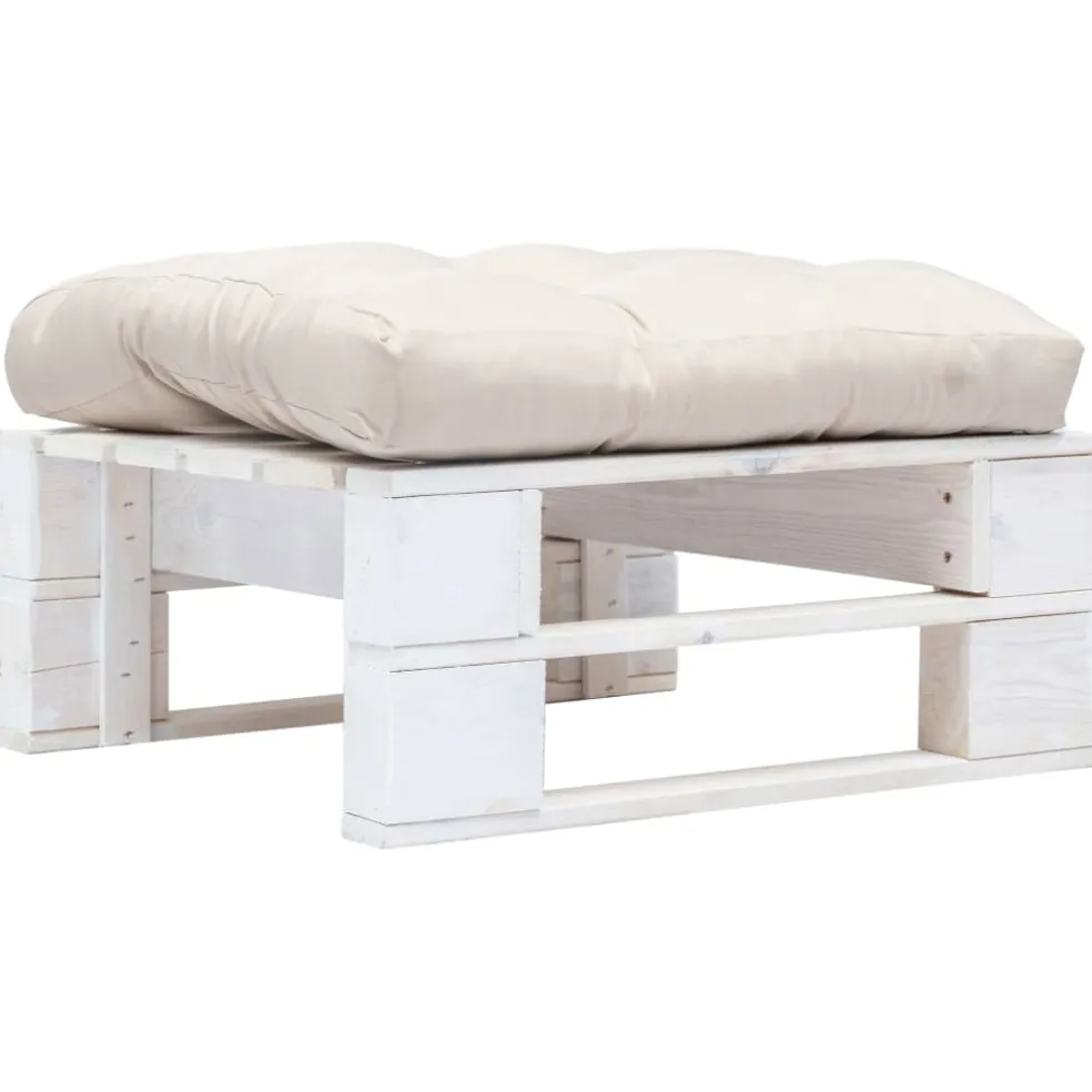 vidaXL Tuinpoef met zandkleurig kussen pallet hout wit