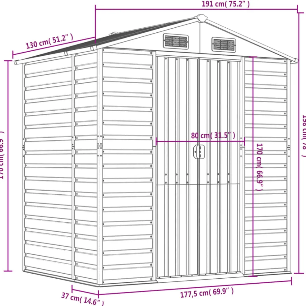 vidaXL Tuinschuur 191x130x198 cm gegalvaniseerd staal antracietkleurig