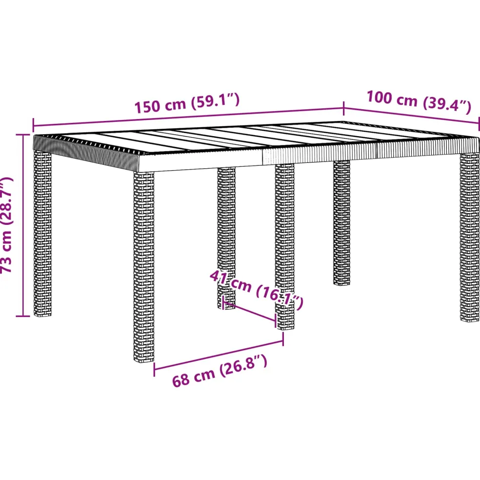 vidaXL Tuinstafel Bruin 150 x 100 x 73 cm poly rattan