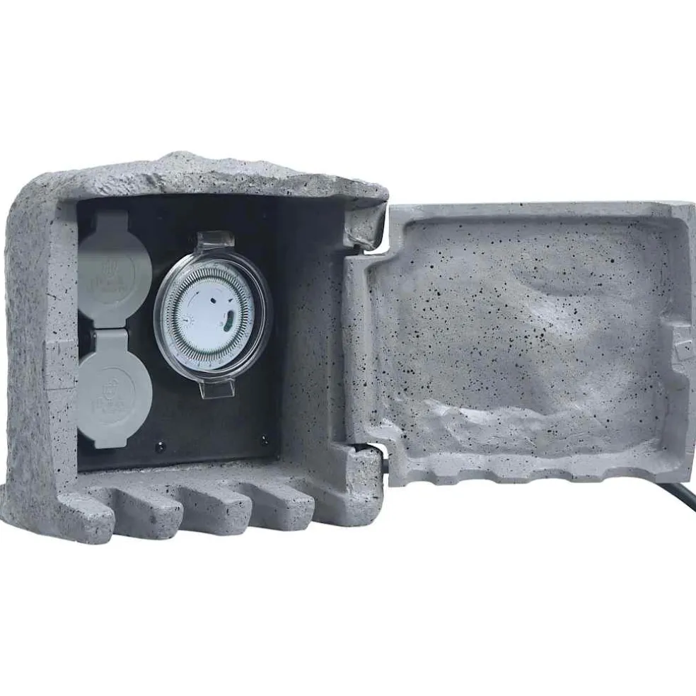 vidaXL Tuinstopcontact 2 ingangen met timer polyresin grijs