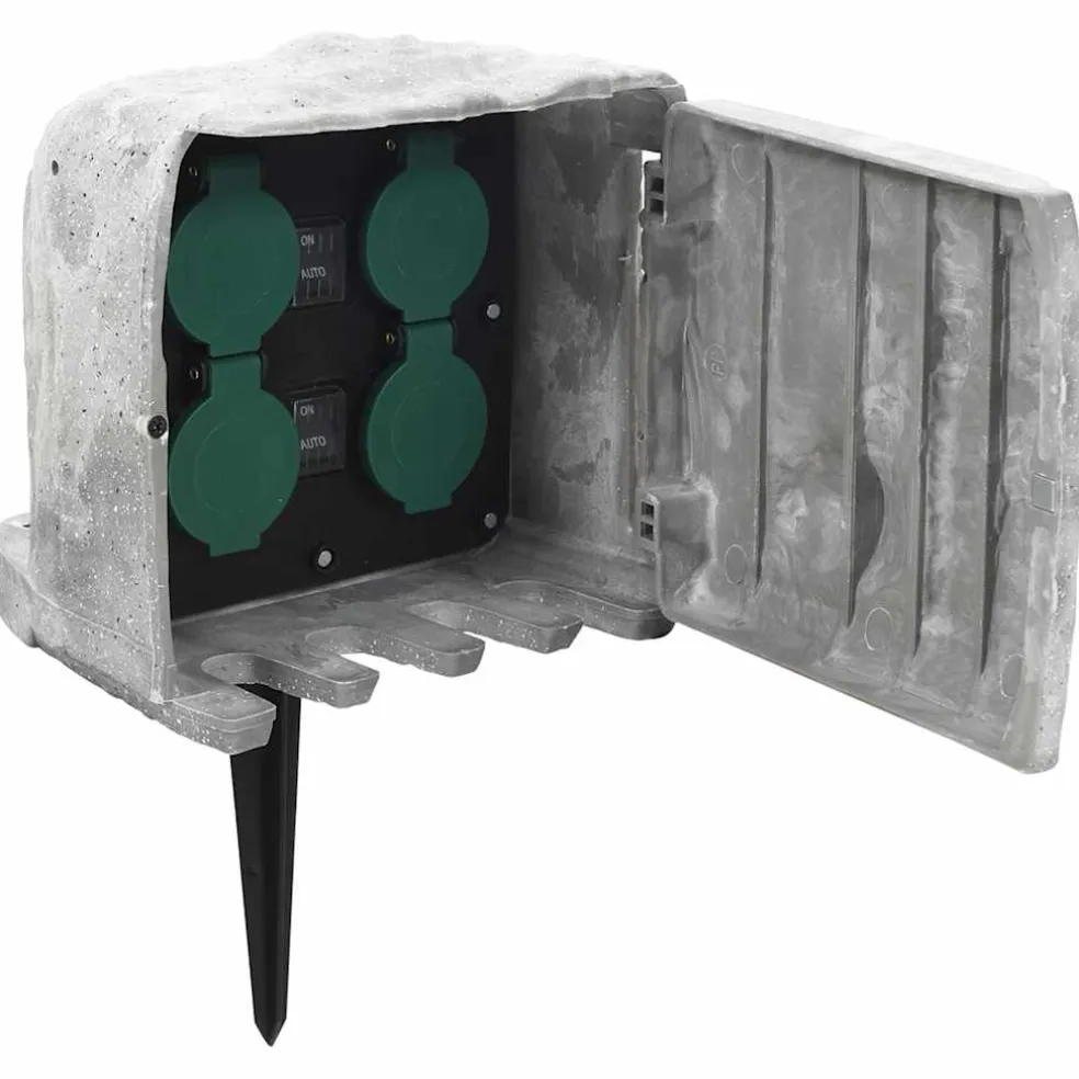 vidaXL Tuinstopcontact met grondpin lichtsensor 4-wegs steenlook grijs