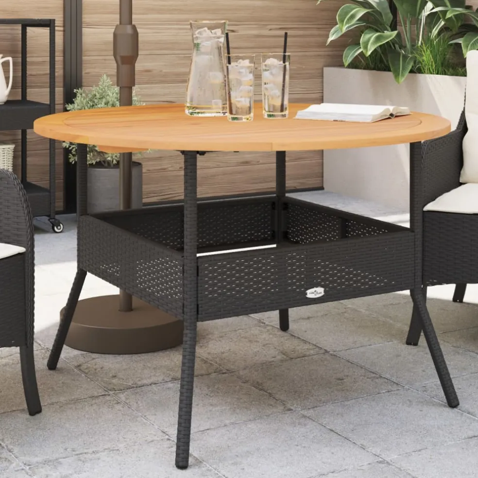 vidaXL Tuintafel met acaciahouten blad Ø110x71 cm poly rattan zwart