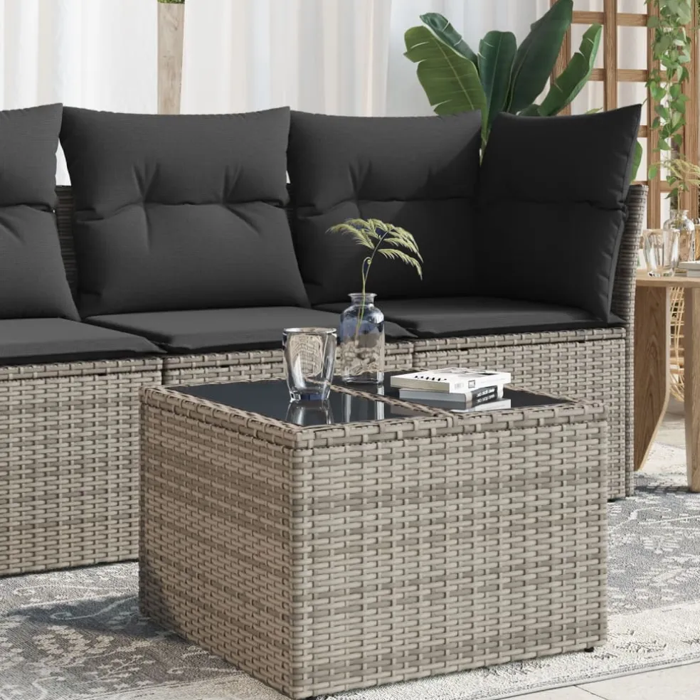 vidaXL Tuintafel met glazen blad 55x55x37 cm poly rattan grijs