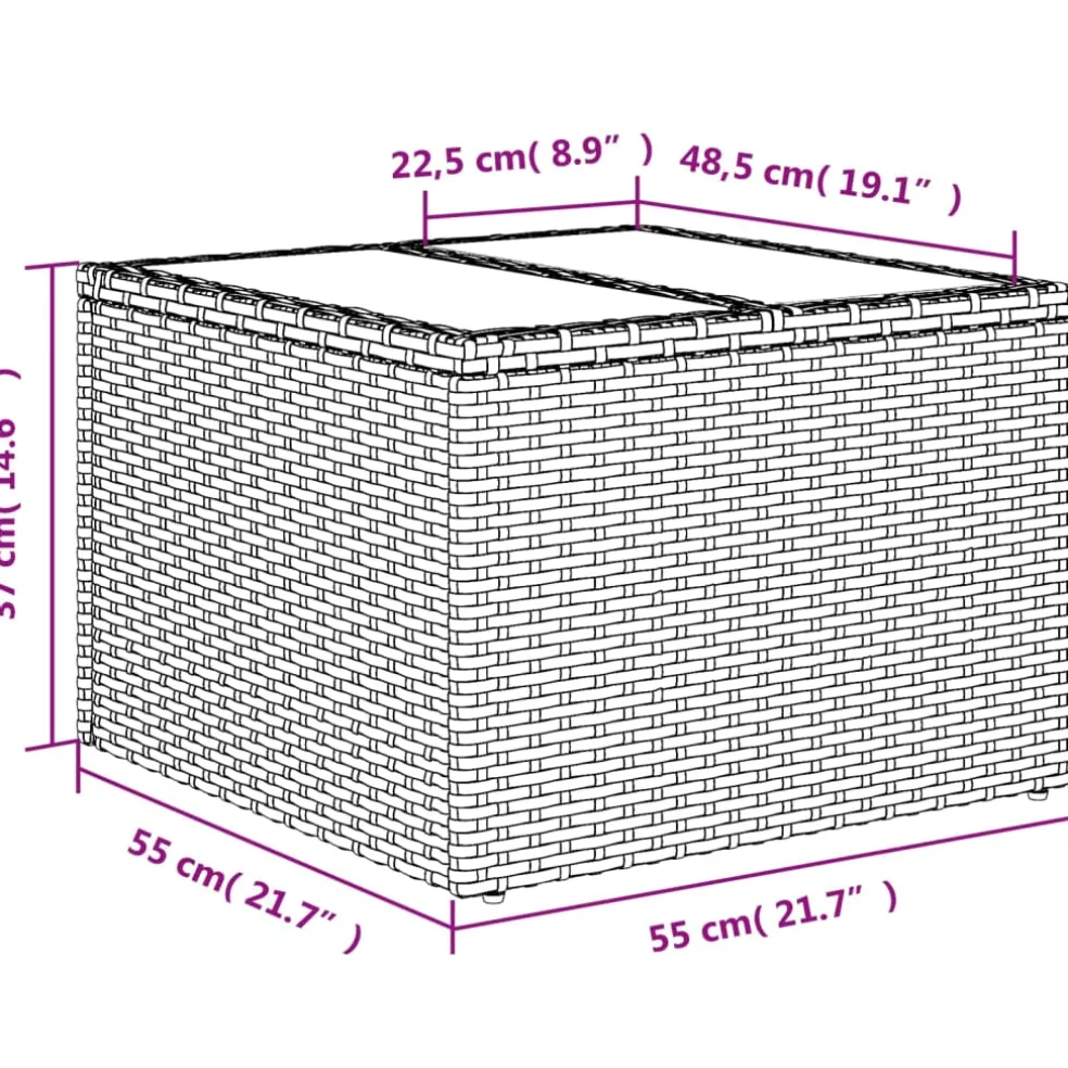 vidaXL Tuintafel met glazen blad 55x55x37 cm poly rattan grijs