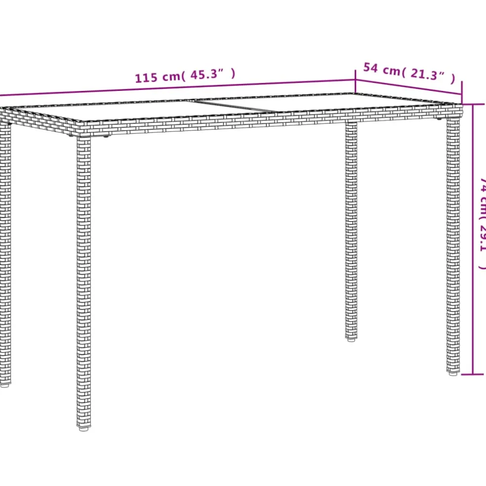 vidaXL Tuintafel met glazen blad 115x54x74 cm poly rattan bruin
