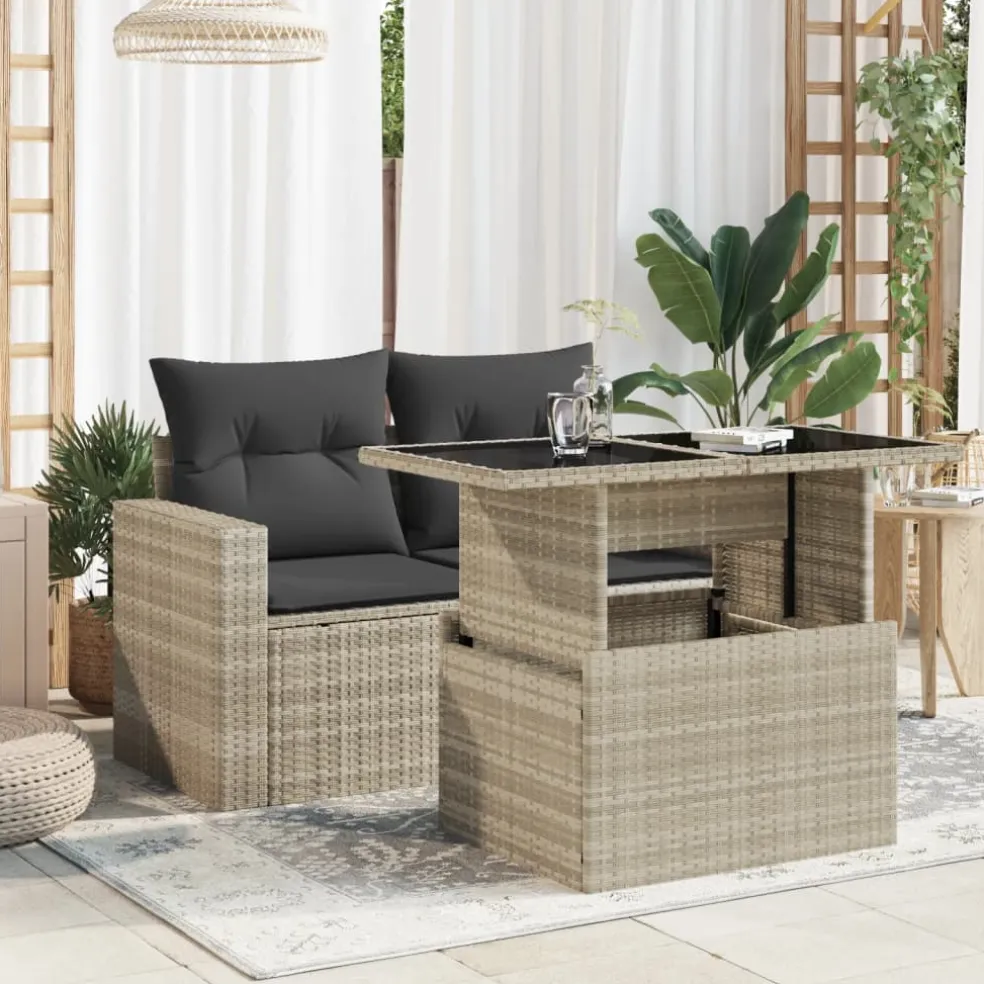 vidaXL Tuintafel met glazen blad 100x55x73 cm poly rattan lichtgrijs