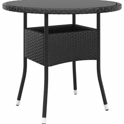 vidaXL Tuintafel Ø80x75 cm gehard glas en poly rattan zwart