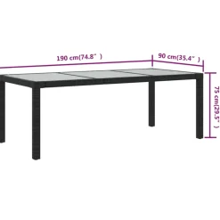 vidaXL Tuintafel 190x90x75 cm gehard glas en poly rattan black