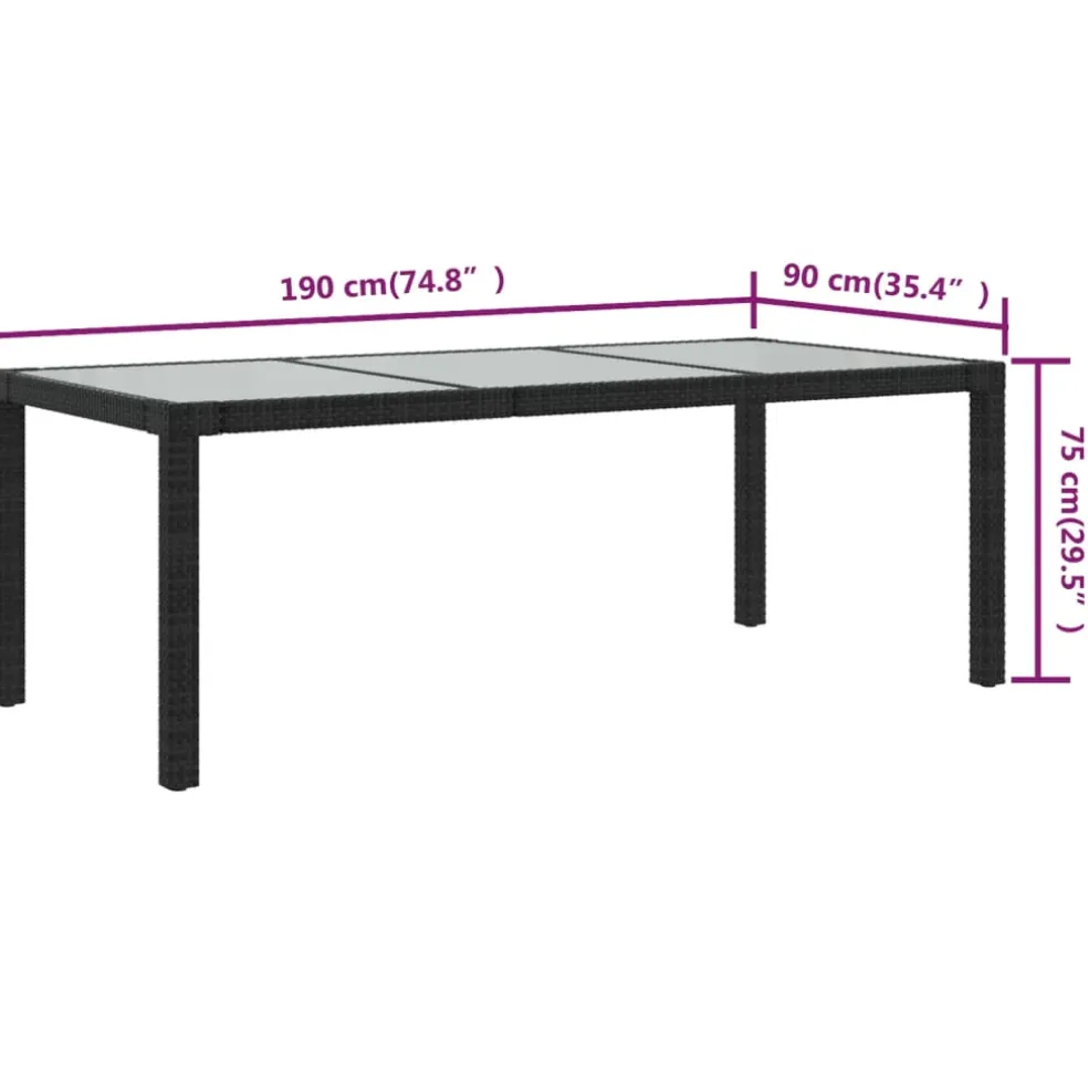 vidaXL Tuintafel 190x90x75 cm gehard glas en poly rattan black