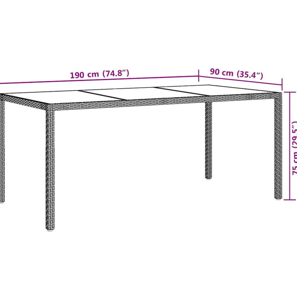 vidaXL Tuintafel 190x90x75 cm gehard glas en poly rattan grijs