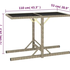 vidaXL Tuintafel 110x53x72 cm glas en poly rattan beige