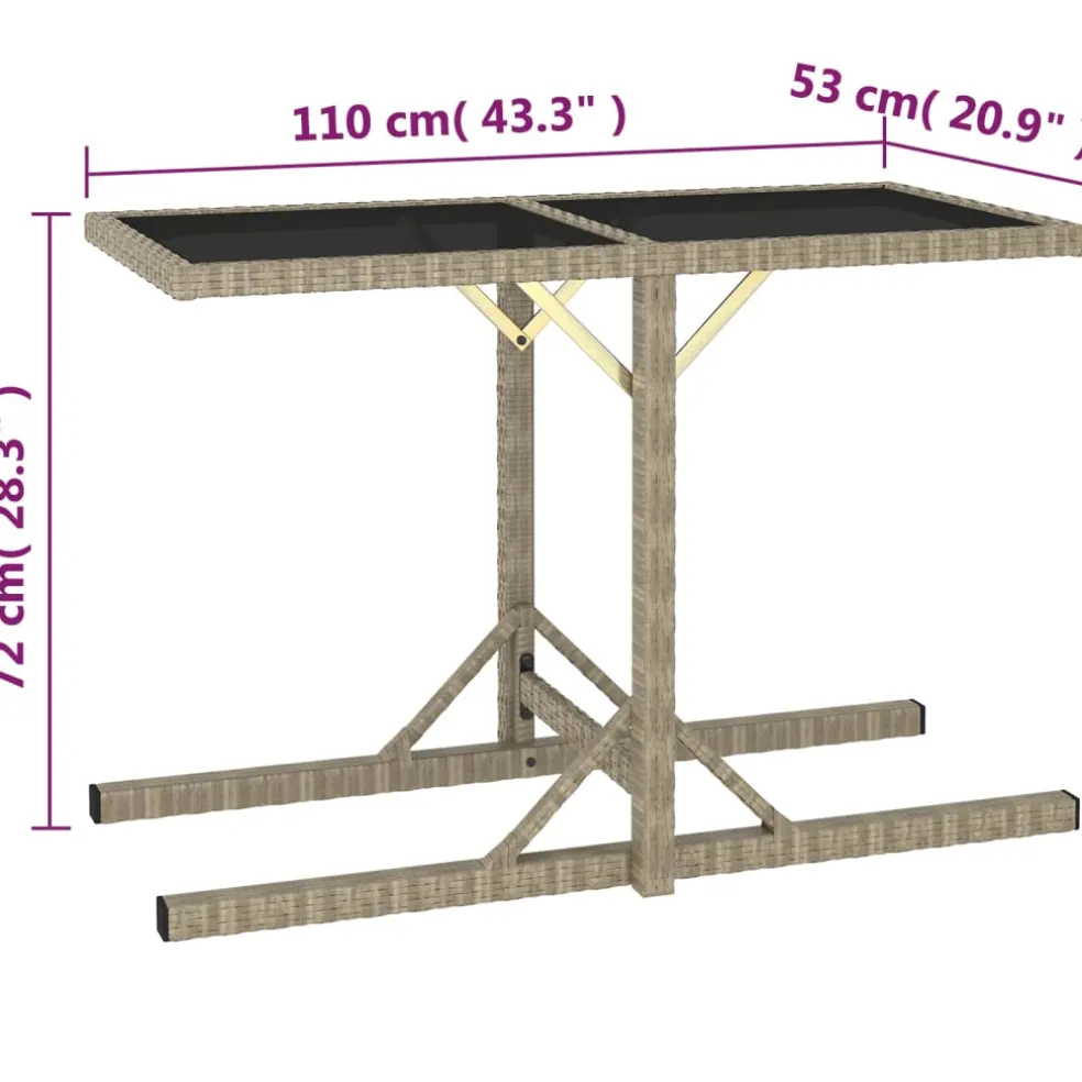 vidaXL Tuintafel 110x53x72 cm glas en poly rattan beige