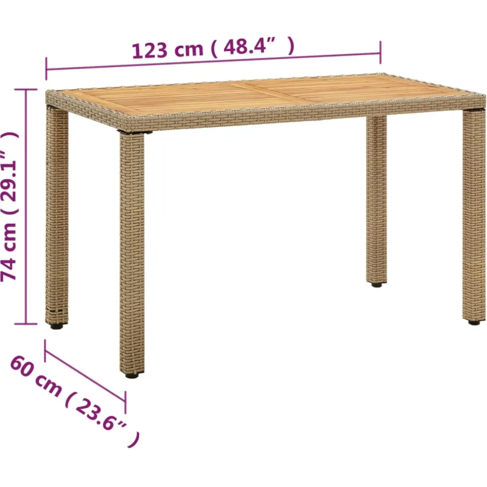 vidaXL Tuintafel 123x60x74 cm poly rattan en massief acaciahout beige