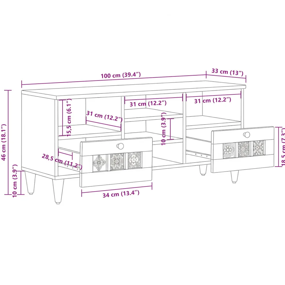 vidaXL TV-kast Walnotenhout 100 x 33 x 46 cm Massief Mango Hout