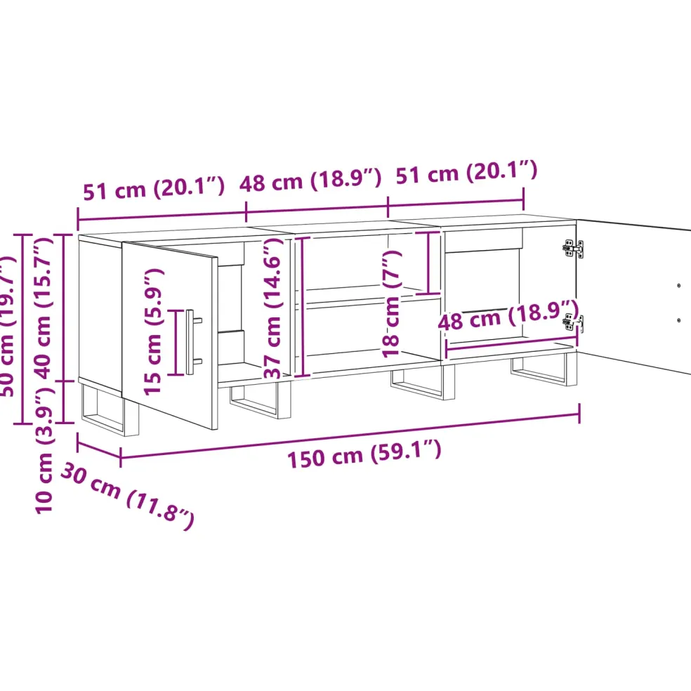 vidaXL TV-kast 150 x 30 x 50 cm Zwart Eiken Bewerkt hout