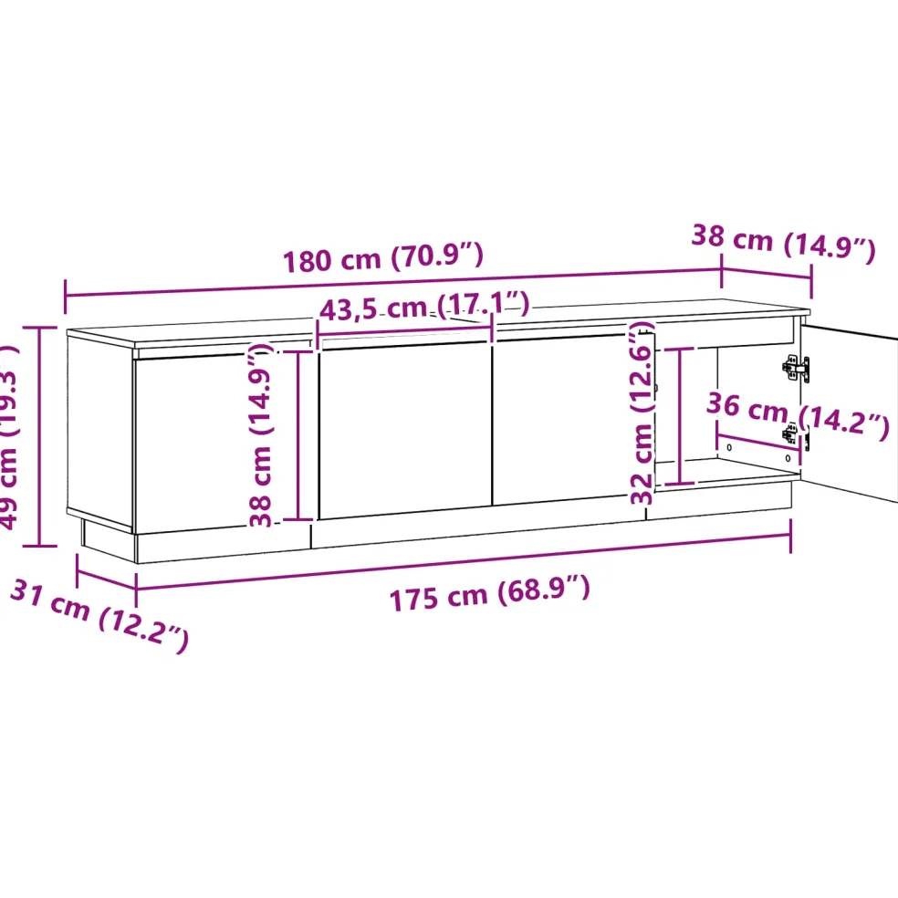 vidaXL TV-kast 180 x 38 x 49 cm Zwart Eiken Bewerkt hout