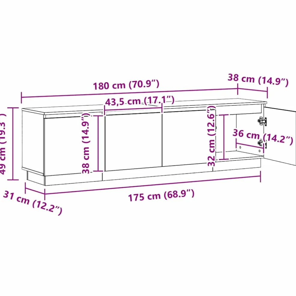 vidaXL TV-kast 180 x 38 x 49 cm Zwart Eiken Bewerkt hout
