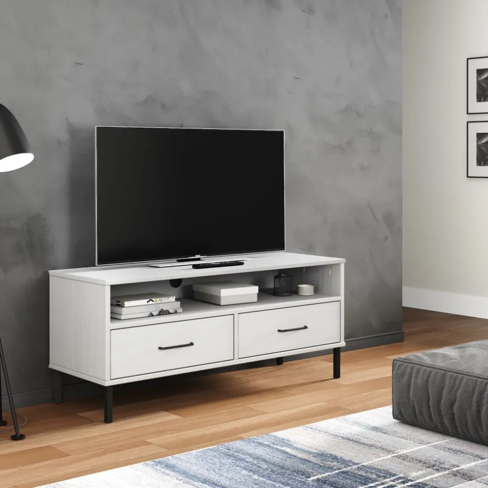 vidaXL Tv-meubel met metalen poten OSLO massief grenenhout wit