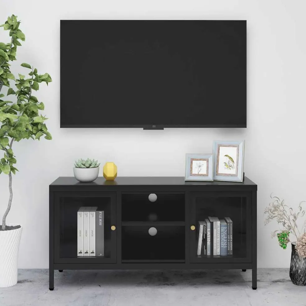 vidaXL Tv-meubel 105x35x52 cm staal en glas zwart