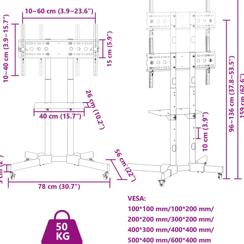 vidaXL TV-standaard wielen 32-70 inch scherm 40 kg Max VESA 600x400 mm