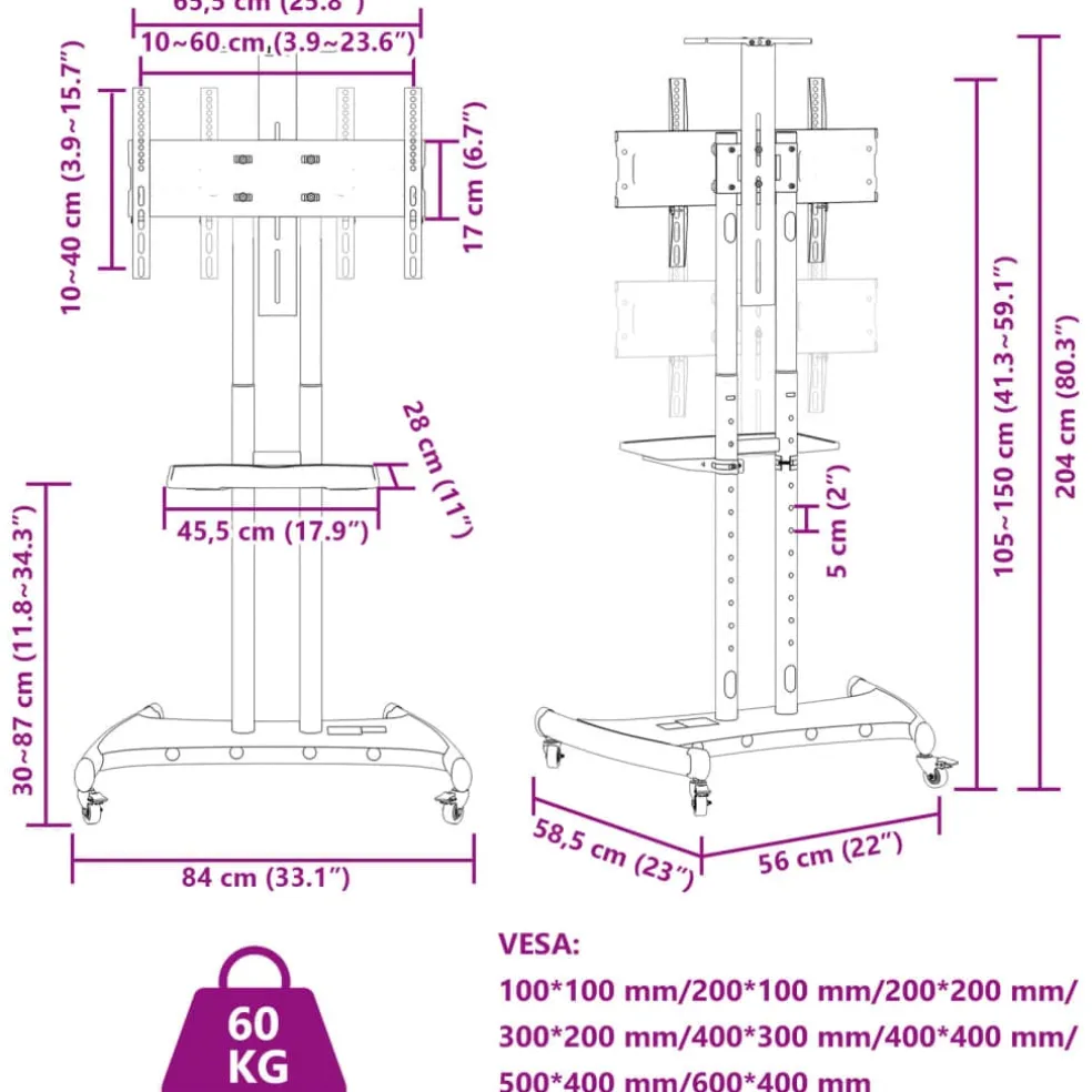vidaXL TV-standaard wielen 32-70 inch scherm 60 kg Max VESA 600x400 mm