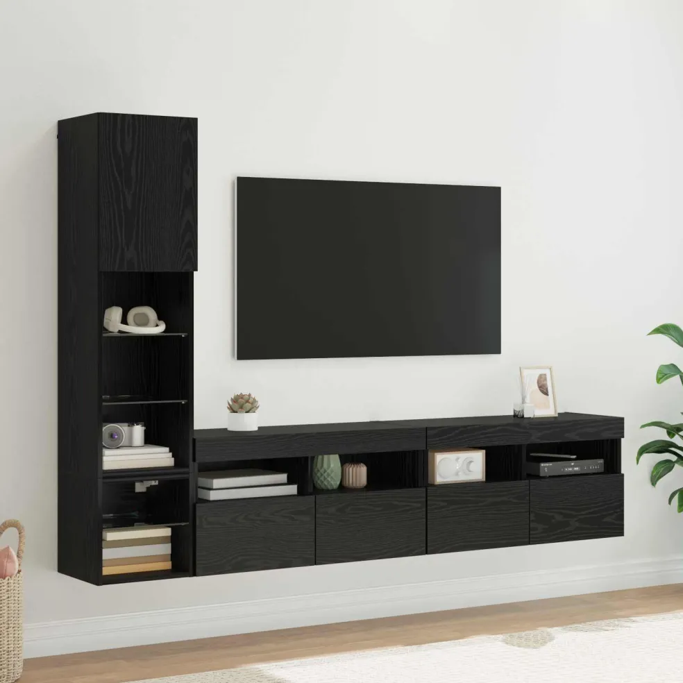 vidaXL TV-wandmeubel 4 st Zwart Eiken Bewerkt hout