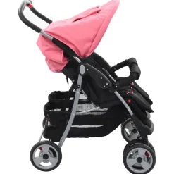 vidaXL Tweelingkinderwagen staal roze en zwart