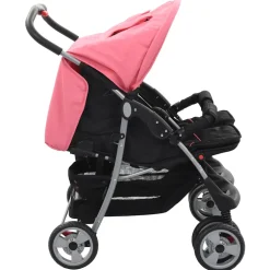 vidaXL Tweelingkinderwagen staal roze en zwart