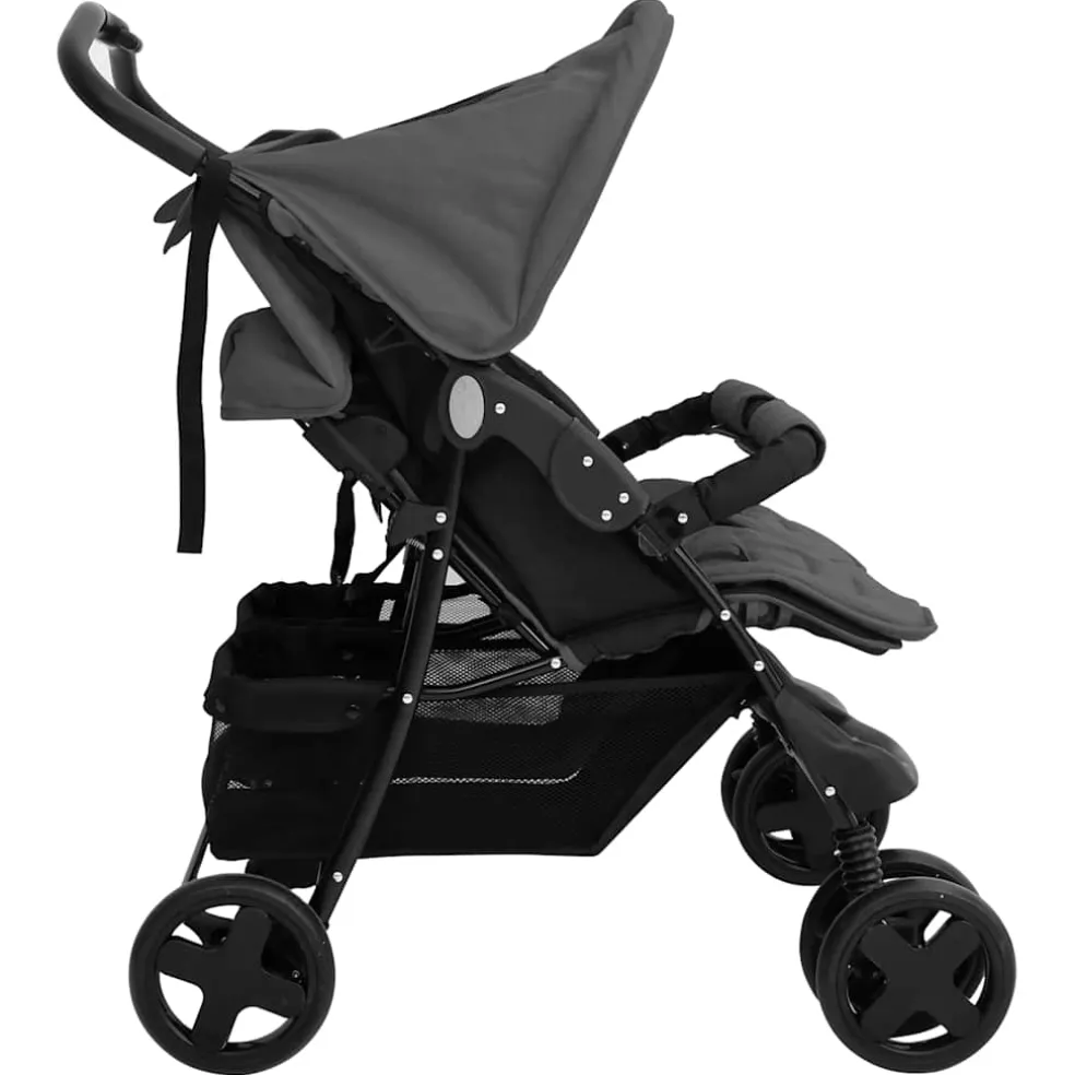 vidaXL Tweelingkinderwagen staal donkergrijs