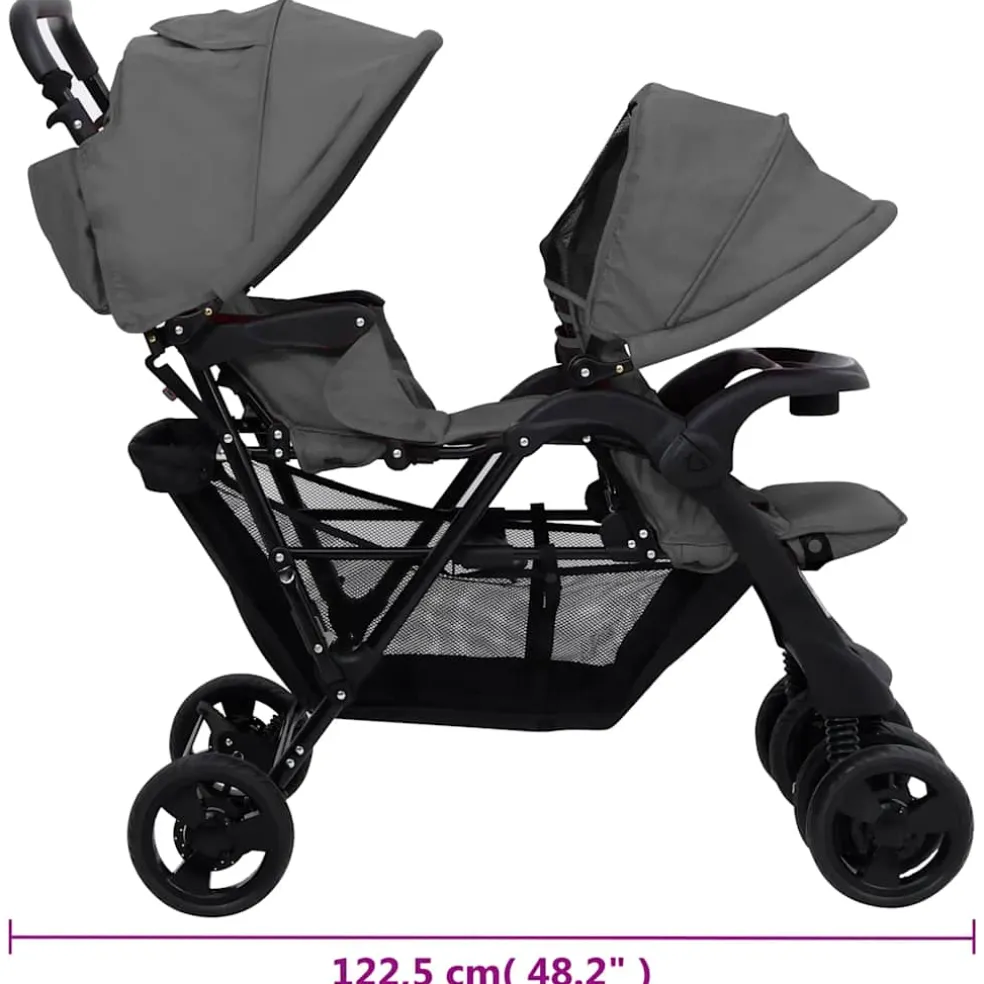 vidaXL Tweelingkinderwagen tandem staal donkergrijs