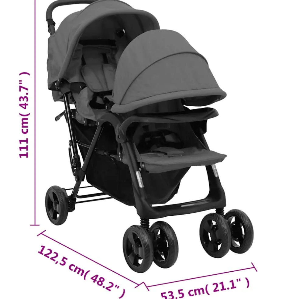 vidaXL Tweelingkinderwagen tandem staal donkergrijs