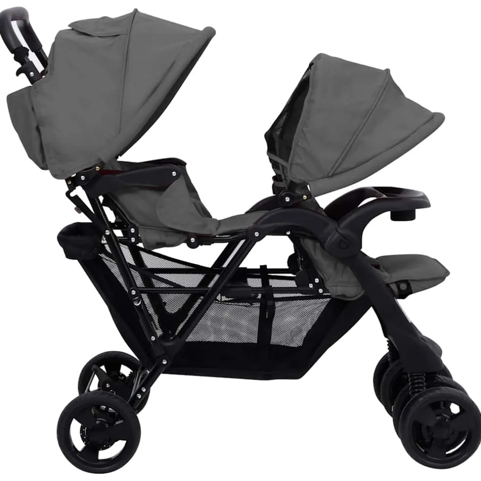 vidaXL Tweelingkinderwagen tandem staal donkergrijs