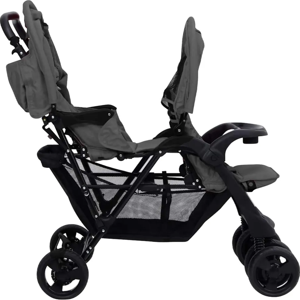 vidaXL Tweelingkinderwagen tandem staal donkergrijs