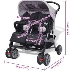 vidaXL Tweelingwagen staal grijs en zwart
