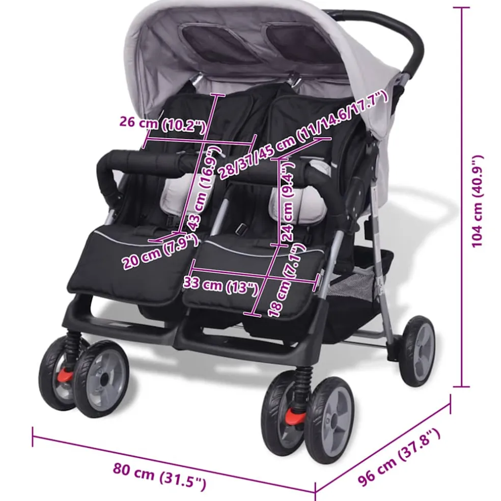 vidaXL Tweelingwagen staal grijs en zwart