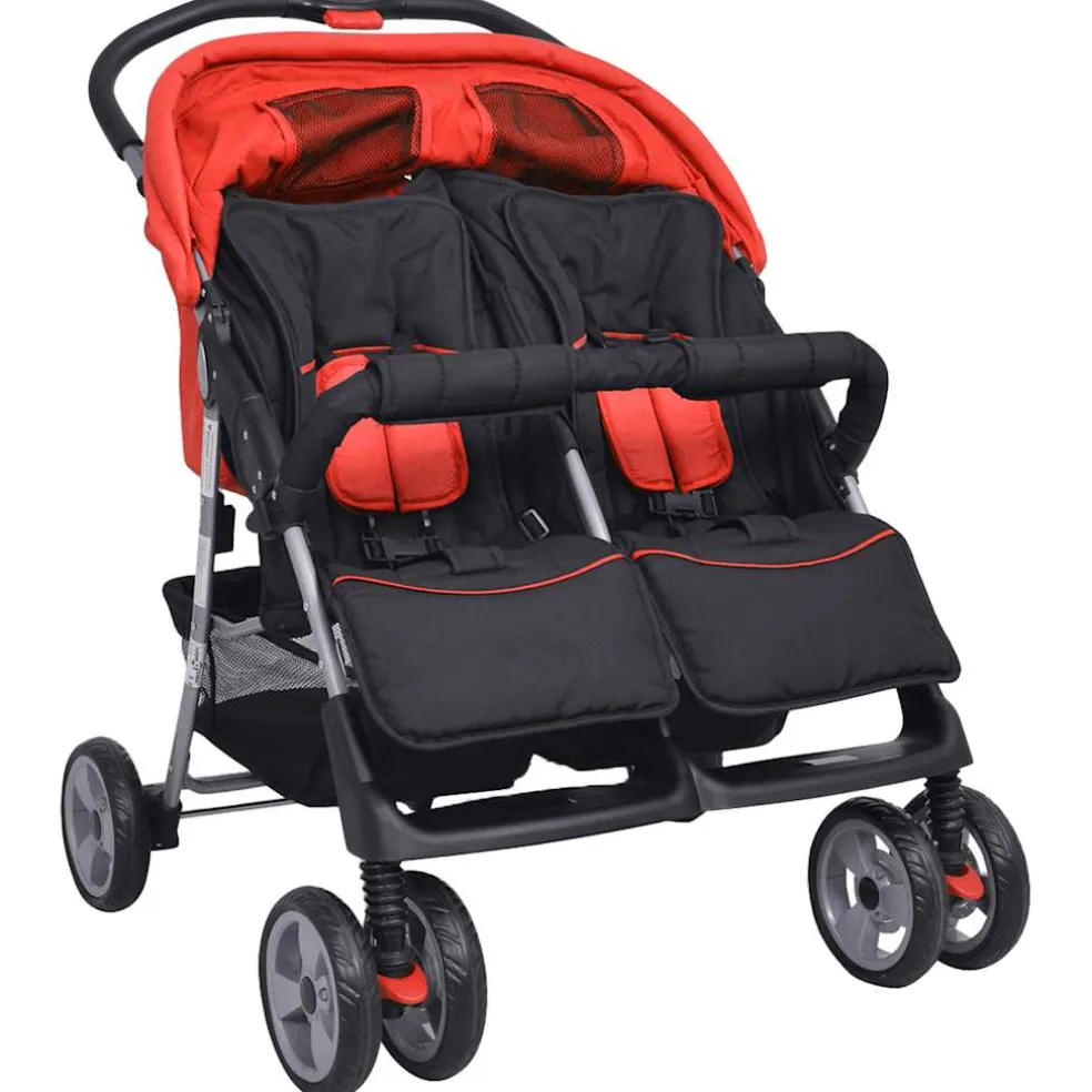 vidaXL Tweelingwagen staal rood en zwart
