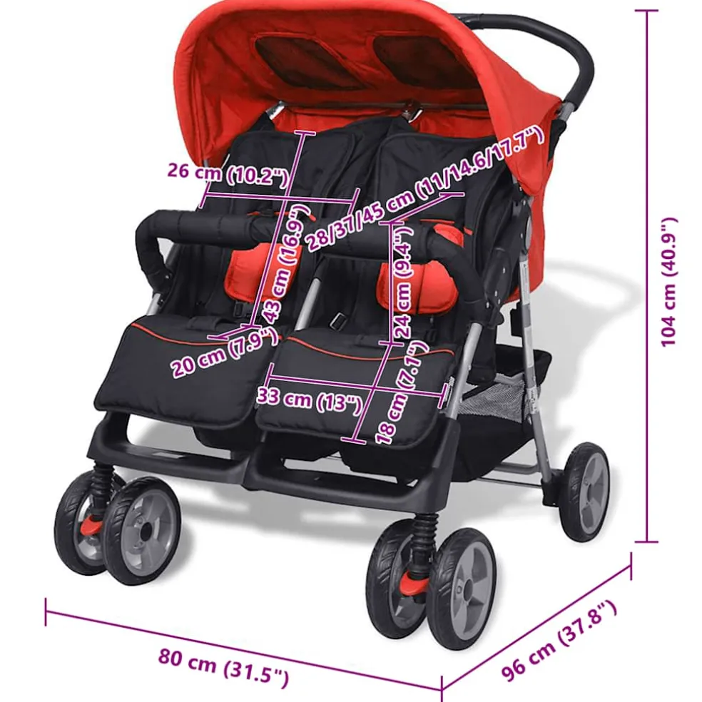 vidaXL Tweelingwagen staal rood en zwart