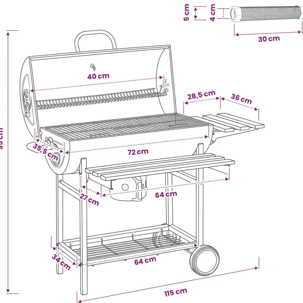 vidaXL Vaten Grill met Wielen en Planken 3 st 115 x 85 x 95 cm Metaal