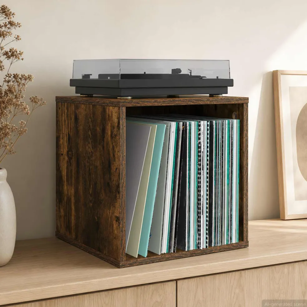 vidaXL Vinyl Album Doos Gerookt eiken 37 x 36,5 x 38 cm Bewerkt hout