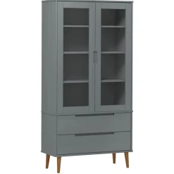 vidaXL Vitrinekast MOLDE 90x35x175 cm massief grenenhout grijs