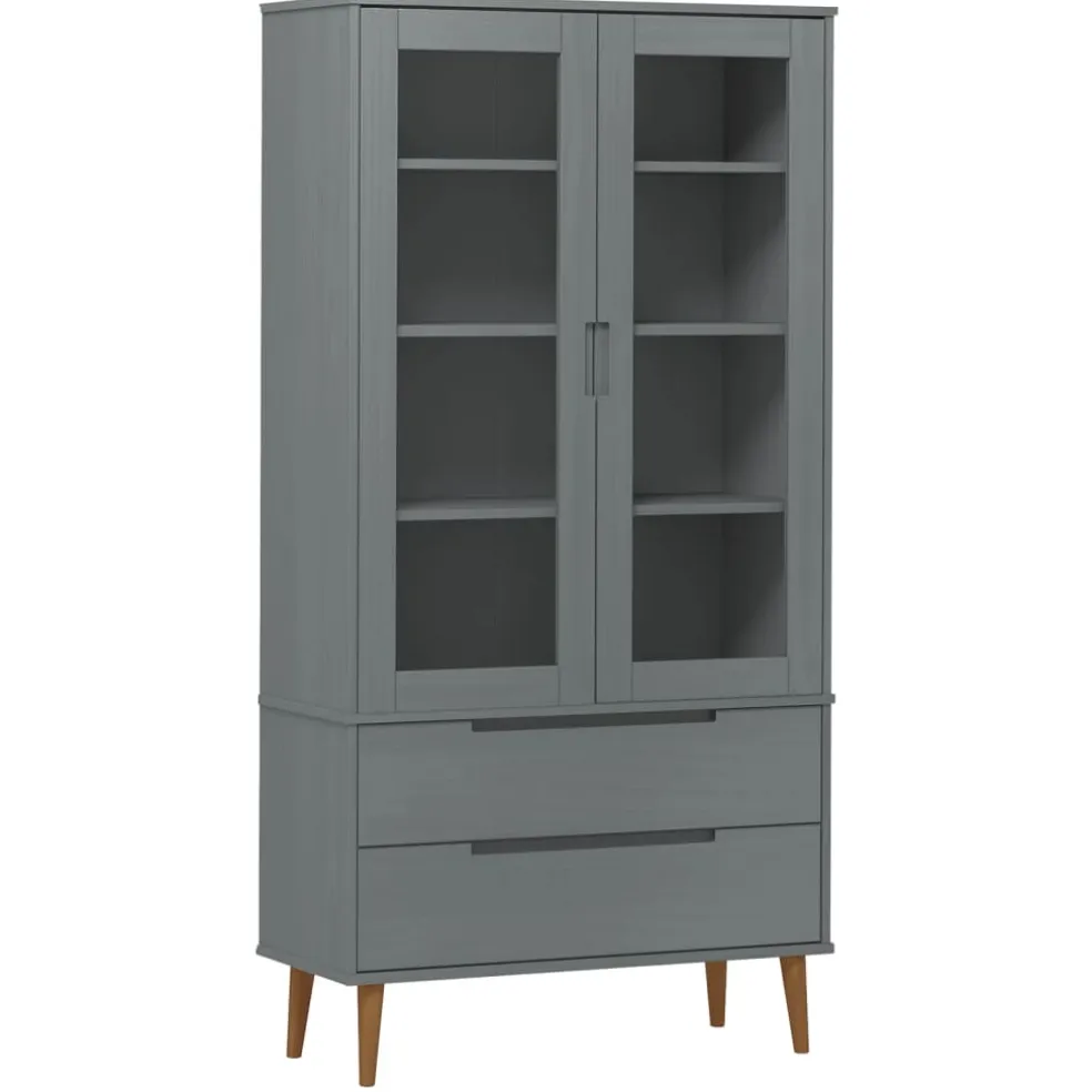 vidaXL Vitrinekast MOLDE 90x35x175 cm massief grenenhout grijs