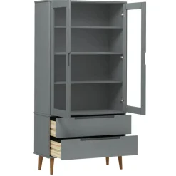 vidaXL Vitrinekast MOLDE 90x35x175 cm massief grenenhout grijs