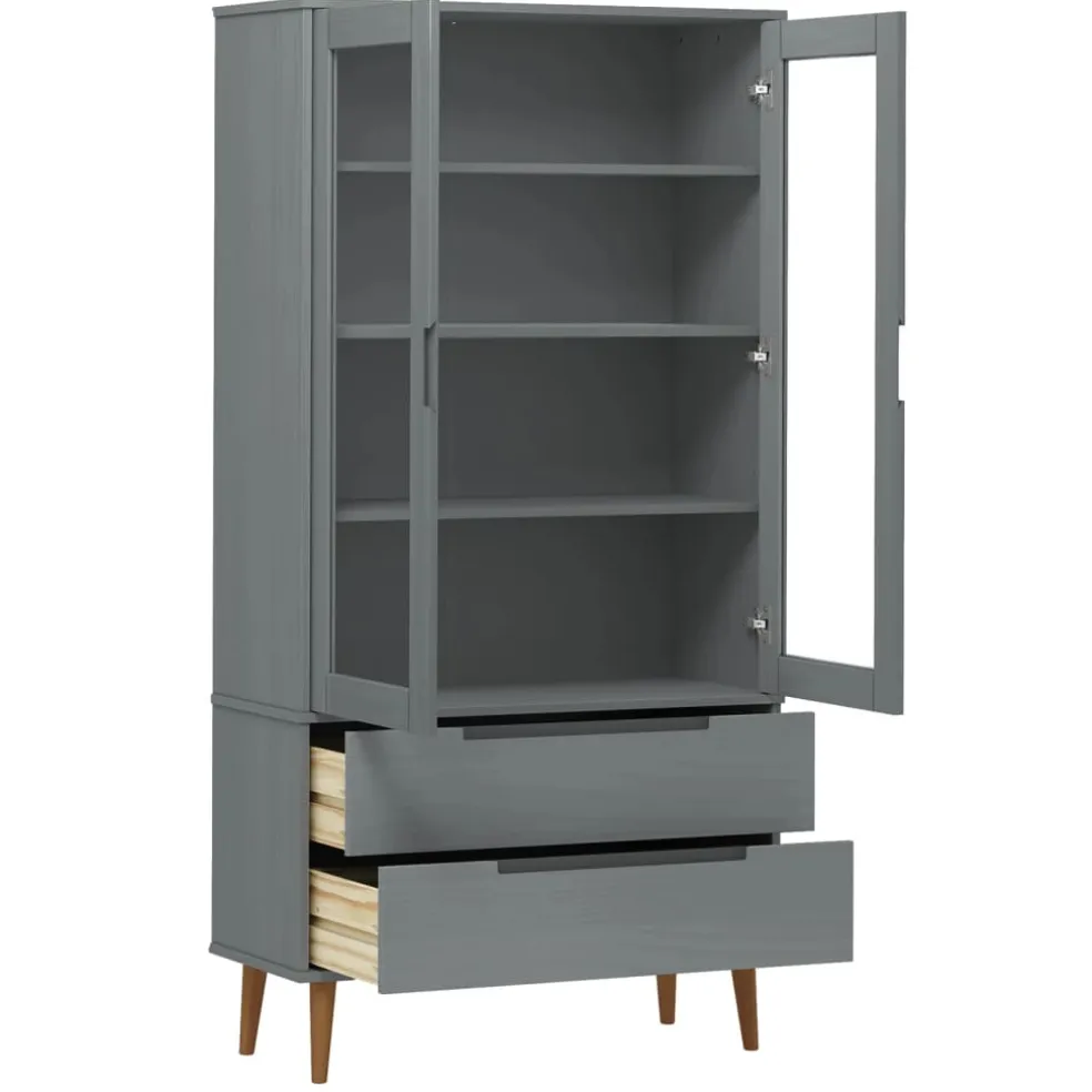 vidaXL Vitrinekast MOLDE 90x35x175 cm massief grenenhout grijs
