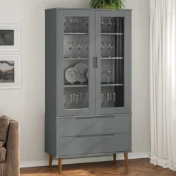 vidaXL Vitrinekast MOLDE 90x35x175 cm massief grenenhout grijs