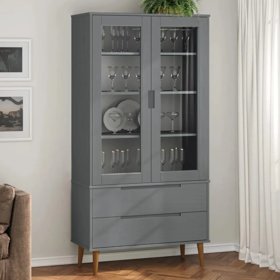 vidaXL Vitrinekast MOLDE 90x35x175 cm massief grenenhout grijs
