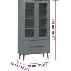 vidaXL Vitrinekast MOLDE 90x35x175 cm massief grenenhout grijs