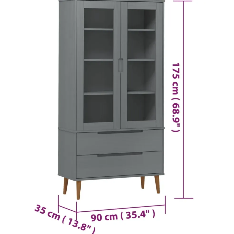 vidaXL Vitrinekast MOLDE 90x35x175 cm massief grenenhout grijs