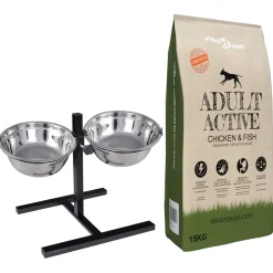 vidaXL Voerstand en kom met hondenvoer Zilver en Zwart 57,5 x 26 cm