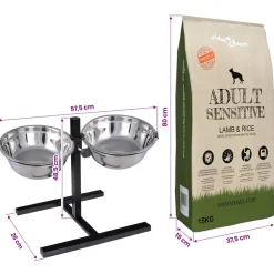 vidaXL Voerstand en kom met hondenvoer Zilver en Zwart 57,5 x 26 cm
