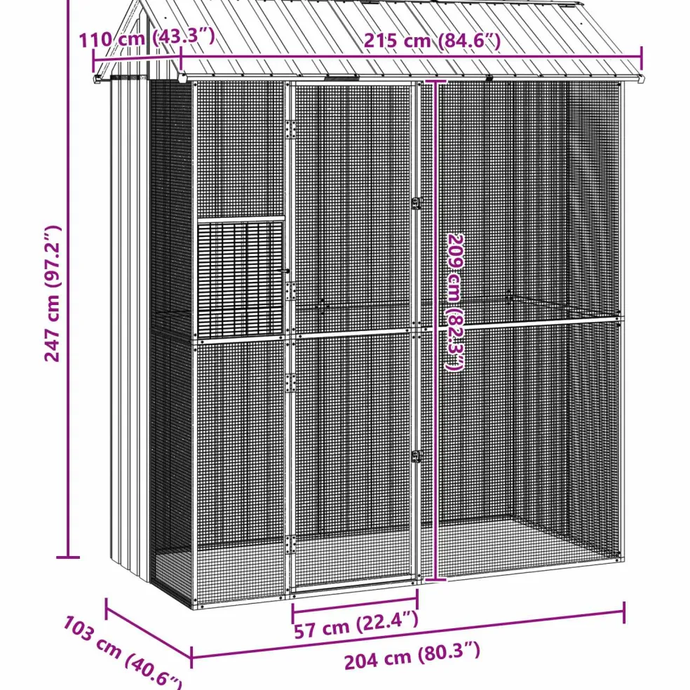 vidaXL Vogelkooi Grijs 215 x 110 x 247 cm Gegalvaniseerd staal